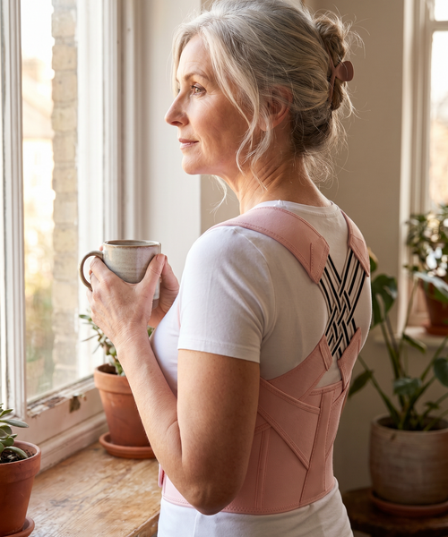 Woman standing tall in warm natural light wearing the Lindra Corrector posture support under her clothing