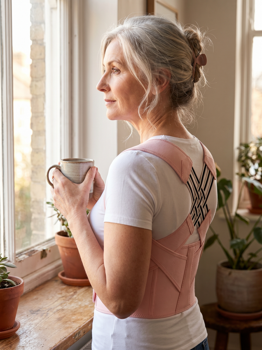 Woman standing tall in warm natural light wearing the Lindra Corrector posture support under her clothing