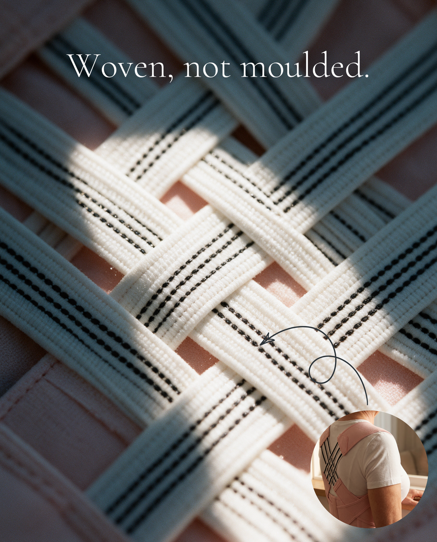 Macro close-up of the Lindra Corrector's woven back panel, showing ivory elastic straps with fine black pinstripes interlaced in a basket weave over blush-pink fabric.